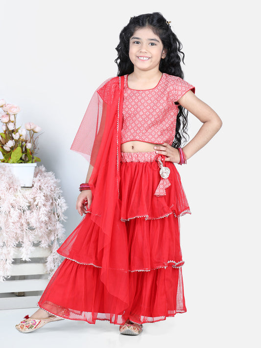 Cap Sleeves Frilled Lehenga With Lace Embroidered Top & Dupatta