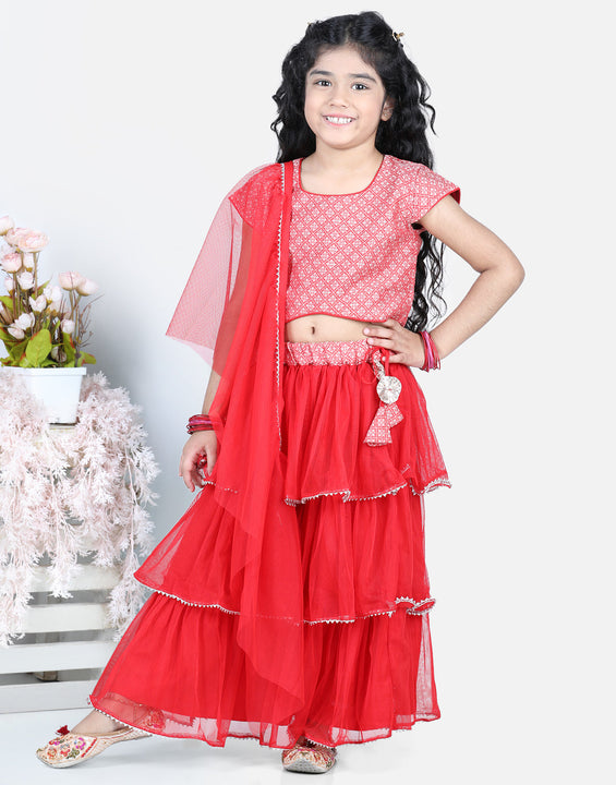 Cap Sleeves Frilled Lehenga With Lace Embroidered Top & Dupatta