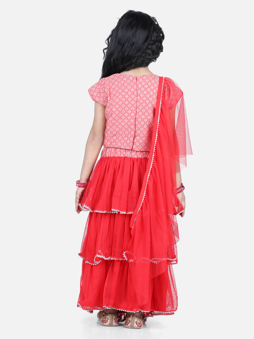 Cap Sleeves Frilled Lehenga With Lace Embroidered Top & Dupatta