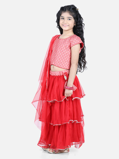 Cap Sleeves Frilled Lehenga With Lace Embroidered Top & Dupatta