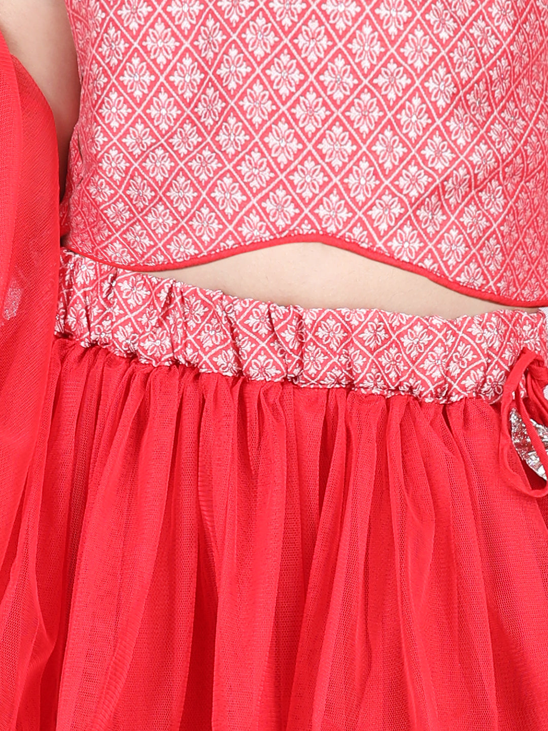 Cap Sleeves Frilled Lehenga With Lace Embroidered Top & Dupatta