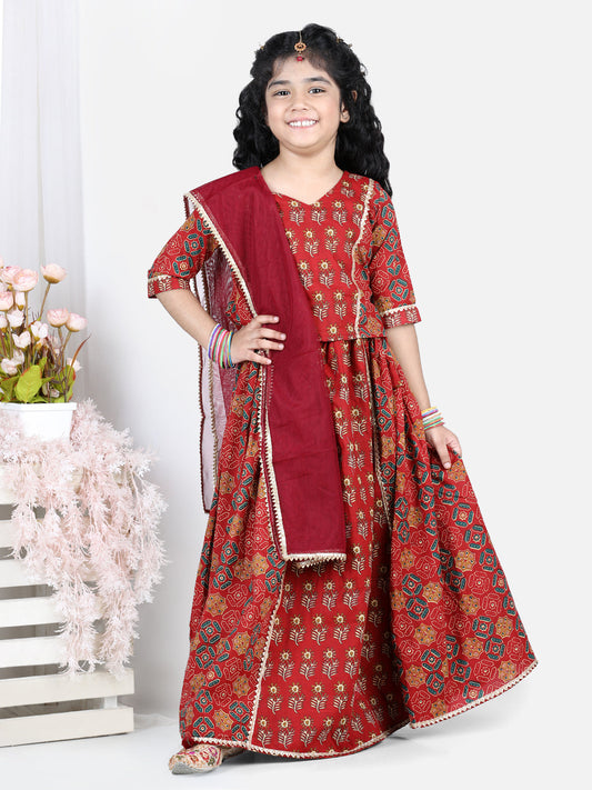 Red motif printed lace embellished top with lehenga and dupatta