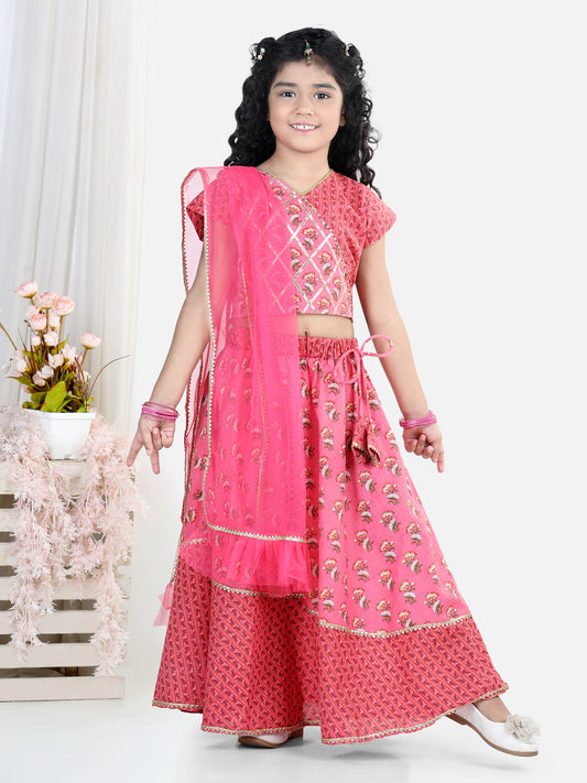 Pink floral printed lace embellished top with stripped lehenga and dupatta