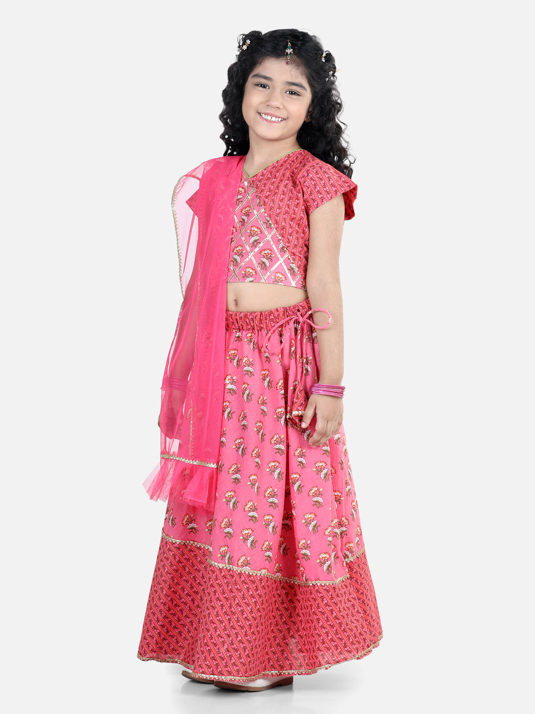 Pink floral printed lace embellished top with stripped lehenga and dupatta