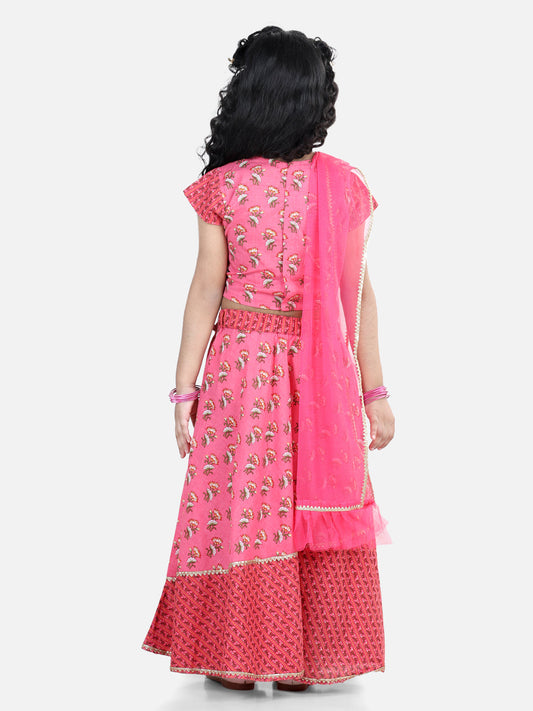 Pink floral printed lace embellished top with stripped lehenga and dupatta
