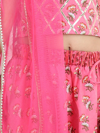 Pink floral printed lace embellished top with stripped lehenga and dupatta