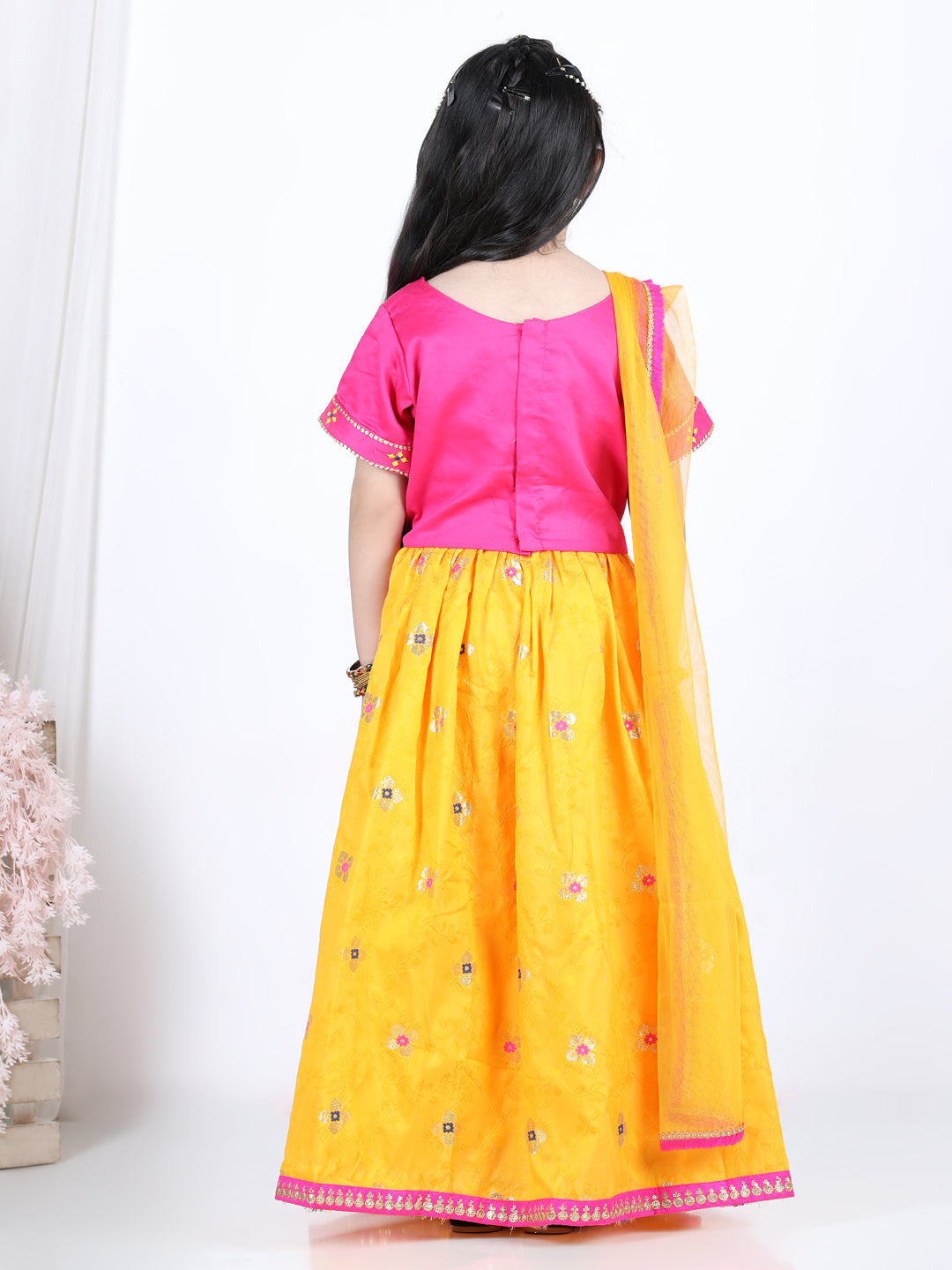 Pink brocade top with yellow lehenga and dupatta