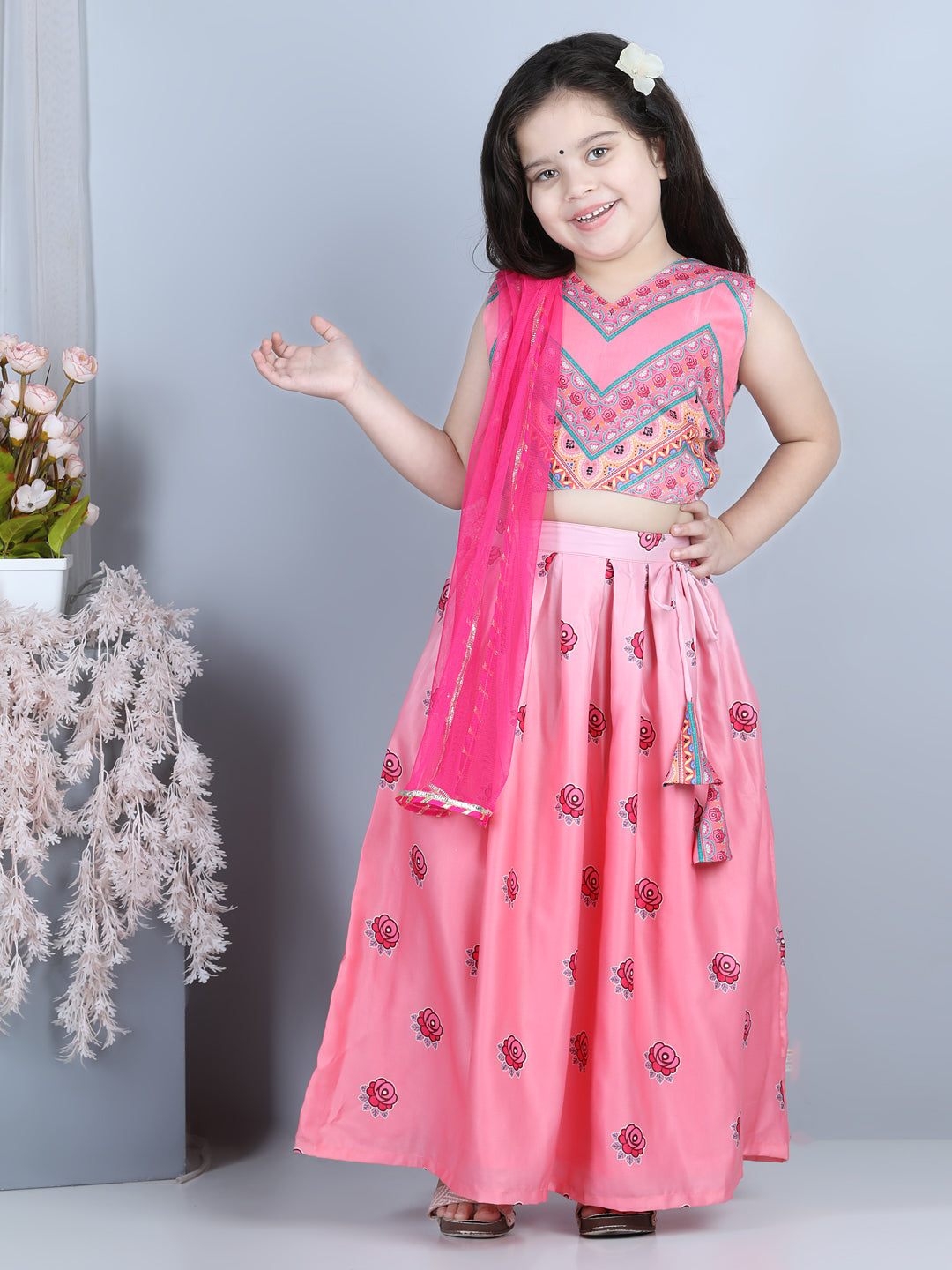 Pink Roses Printed Top With Lehenga And Dupatta