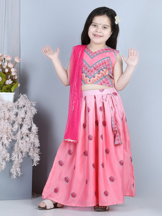 Pink Roses Printed Top With Lehenga And Dupatta