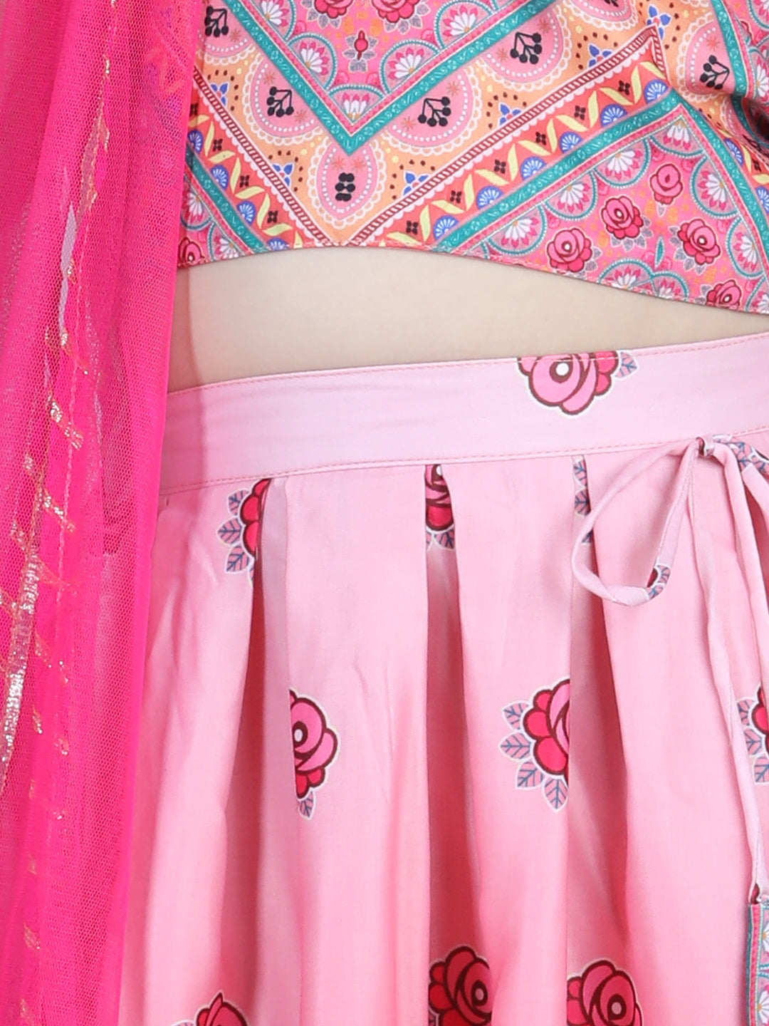 Pink Roses Printed Top With Lehenga And Dupatta