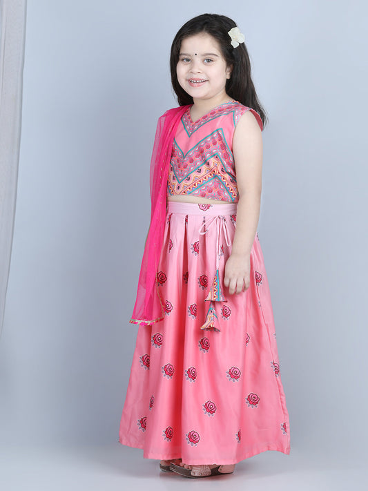 Pink Roses Printed Top With Lehenga And Dupatta