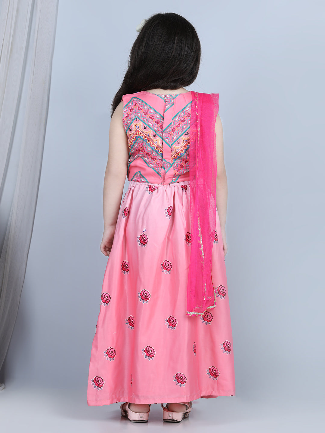 Pink Roses Printed Top With Lehenga And Dupatta