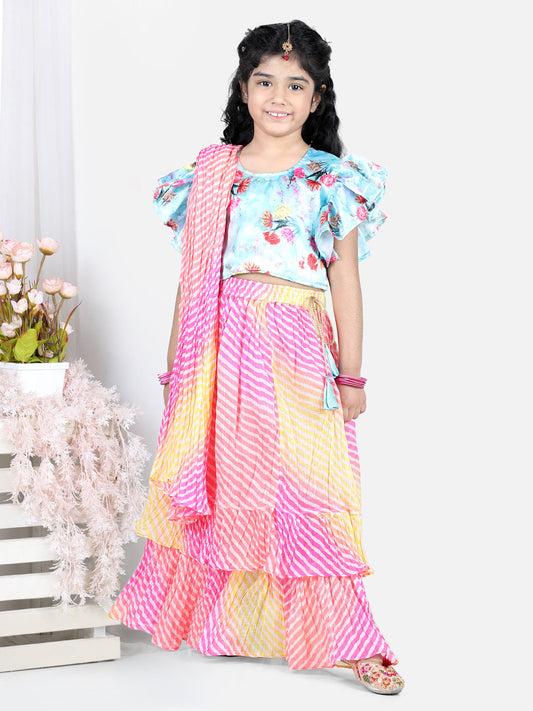 Half Flutter Sleeves Seamless Floral Printed Choli With Layered Leheriya Lehenga