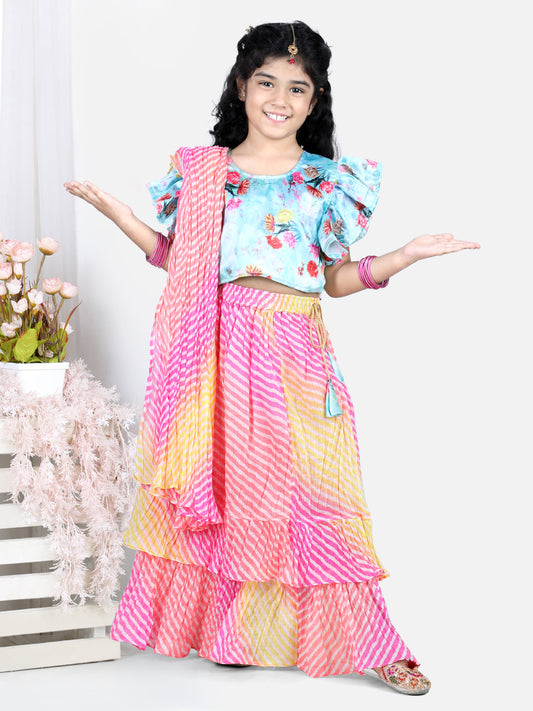 Half Flutter Sleeves Seamless Floral Printed Choli With Layered Leheriya Lehenga