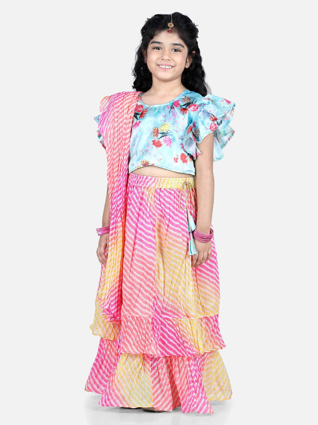 Half Flutter Sleeves Seamless Floral Printed Choli With Layered Leheriya Lehenga