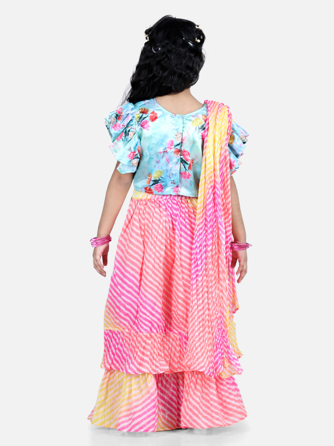 Half Flutter Sleeves Seamless Floral Printed Choli With Layered Leheriya Lehenga