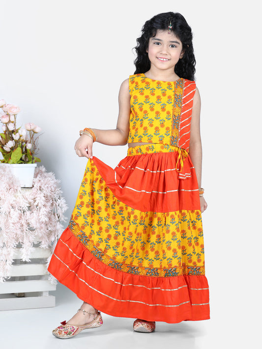 Yellow Rose Motif Printed Leheriya Lace Detail Lehenga Choli Set