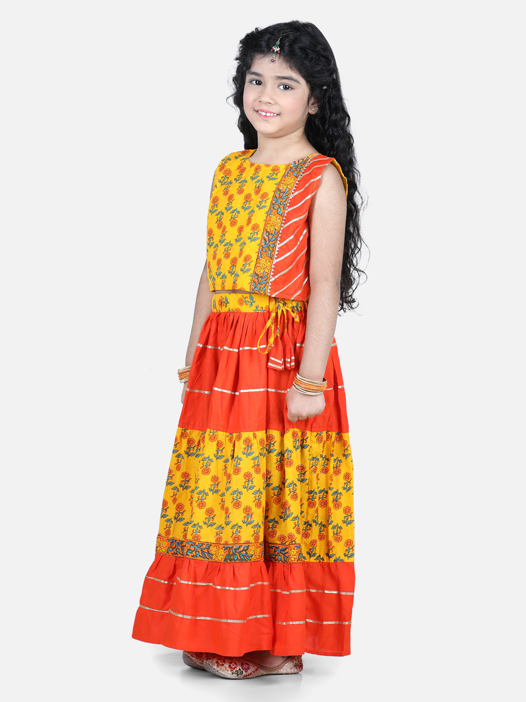 Yellow Rose Motif Printed Leheriya Lace Detail Lehenga Choli Set