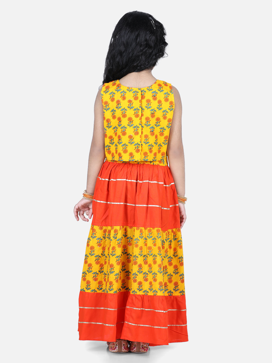 Yellow Rose Motif Printed Leheriya Lace Detail Lehenga Choli Set