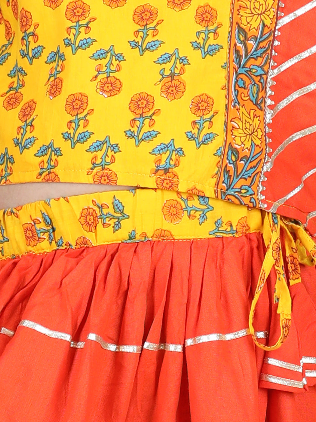 Yellow Rose Motif Printed Leheriya Lace Detail Lehenga Choli Set