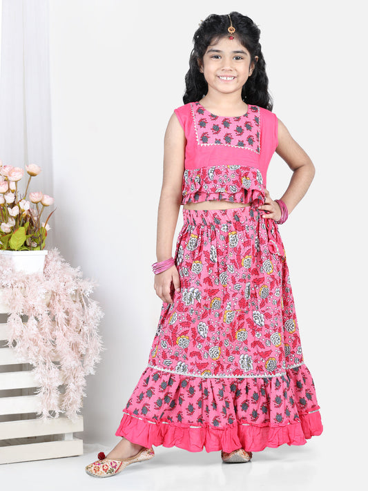 Pink Floral Printed Peplum Choli With Printed Layered Lehenga