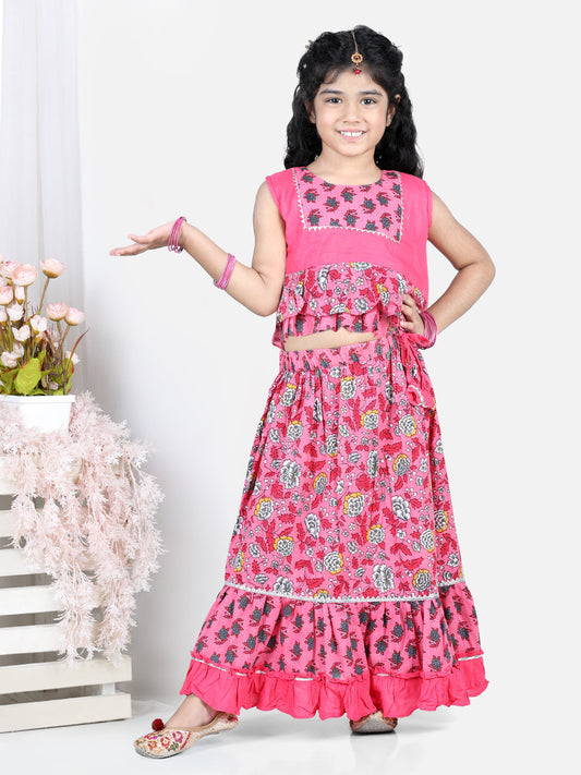 Pink Floral Printed Peplum Choli With Printed Layered Lehenga