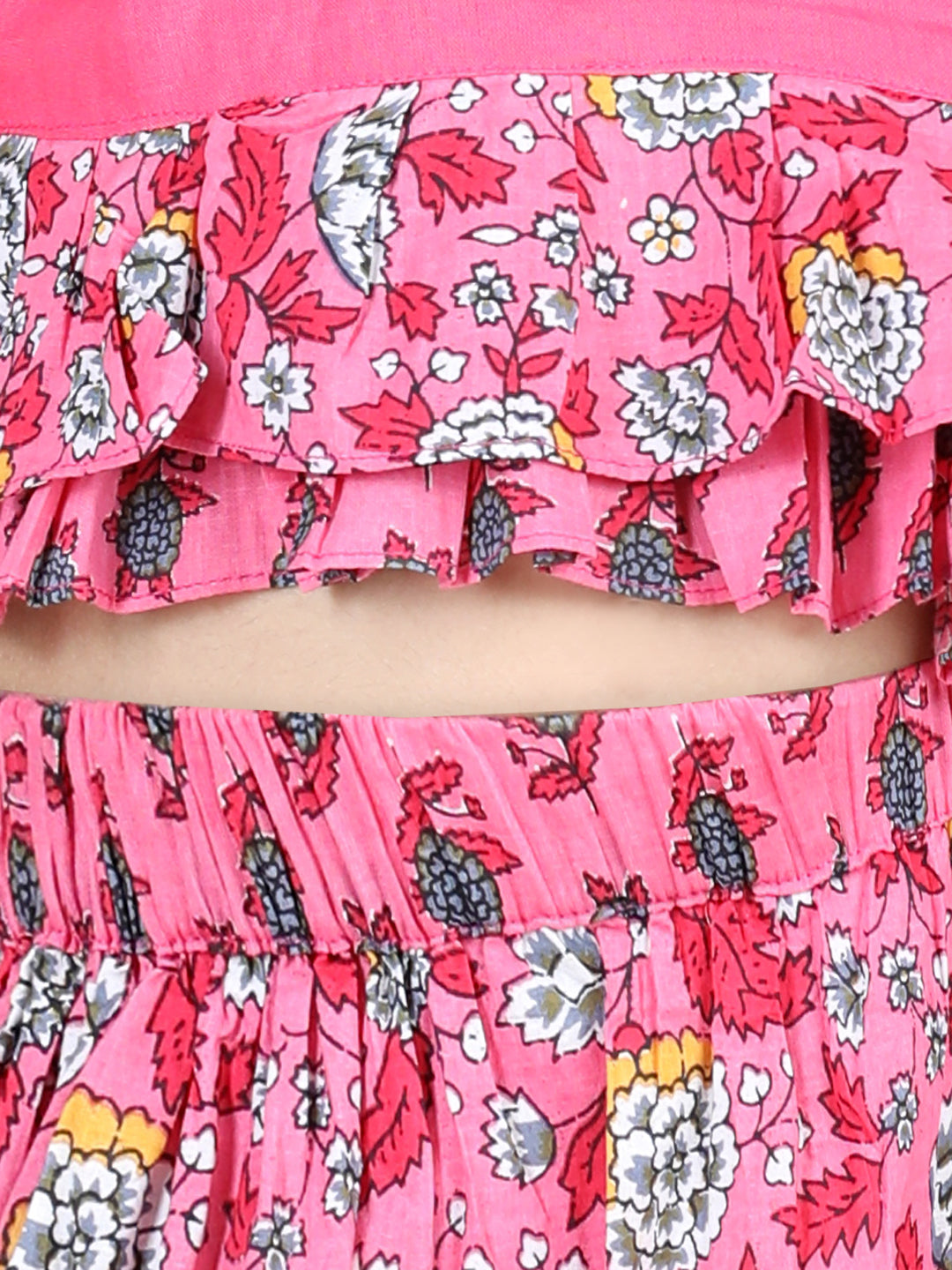 Pink Floral Printed Peplum Choli With Printed Layered Lehenga