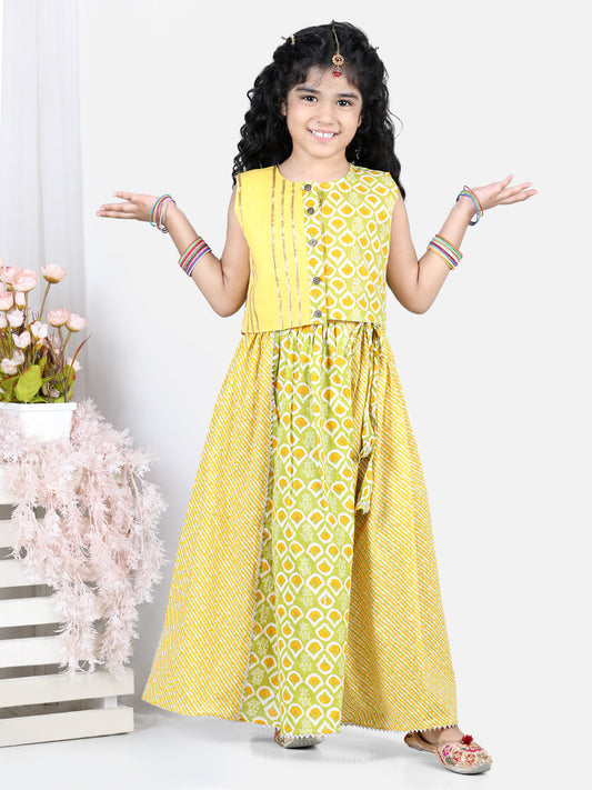 Yellow Printed top With Lace Embellished Leheriya Lehenga