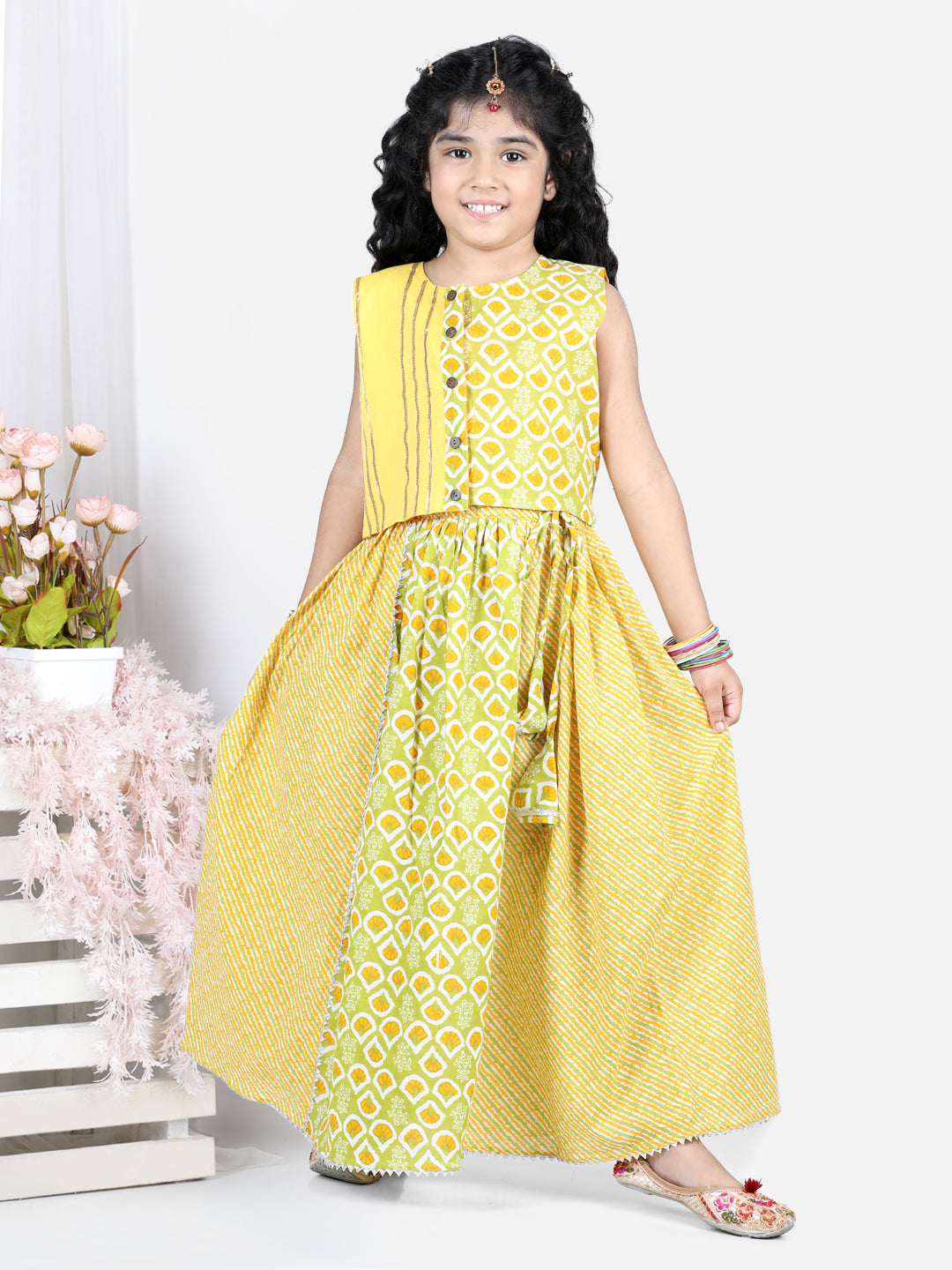 Yellow Printed top With Lace Embellished Leheriya Lehenga