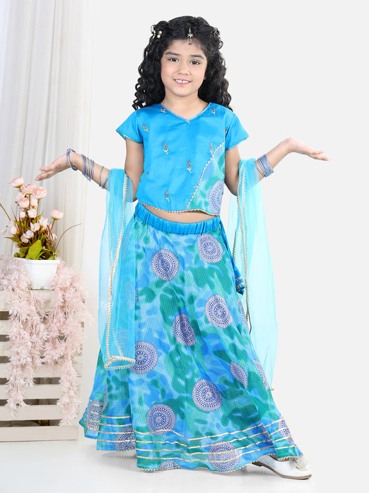 Blue Embroidered Top with kota printed lehenga and Dupatta