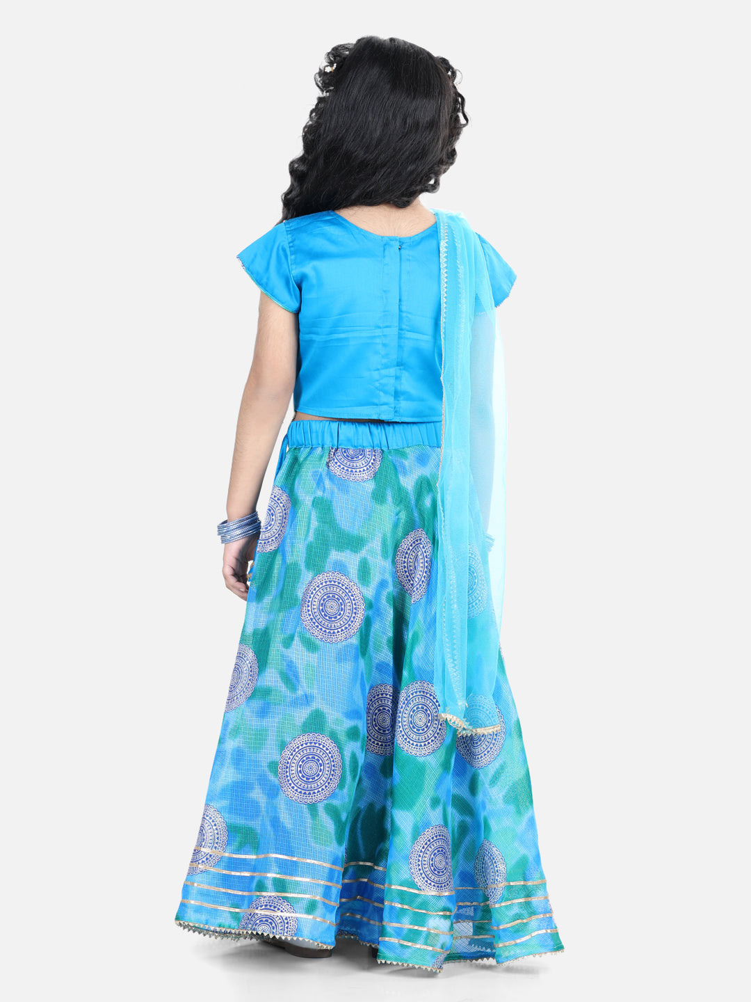 Blue Embroidered Top with kota printed lehenga and Dupatta