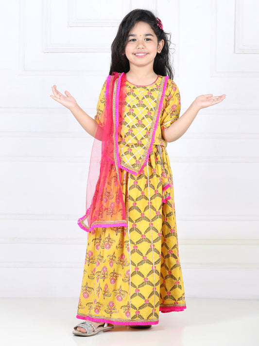 Yellow Floral Printed Lace Work Top With Lehenga And Dupatta