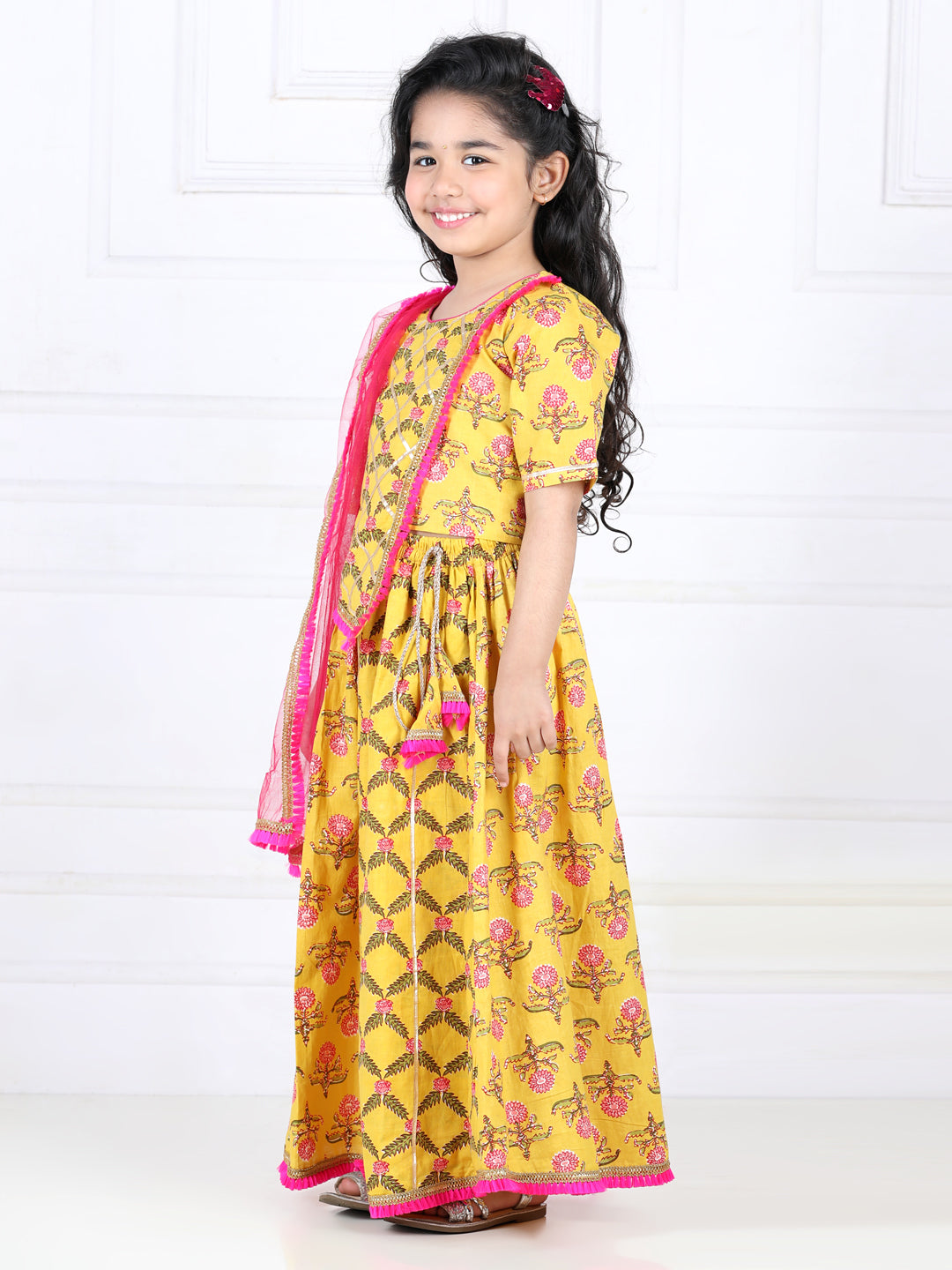 Yellow Floral Printed Lace Work Top With Lehenga And Dupatta