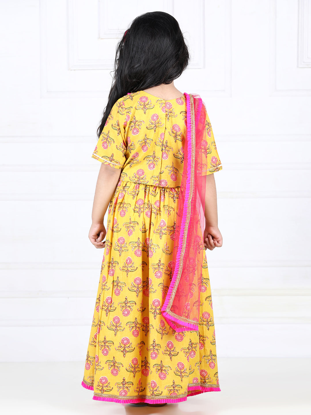 Yellow Floral Printed Lace Work Top With Lehenga And Dupatta