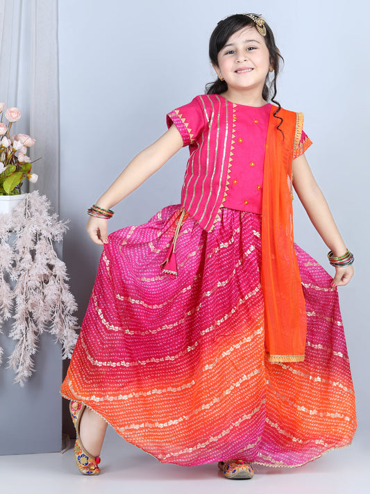 Flower Embroidery Choli & Bandhani Print Lehenga With Dupatta