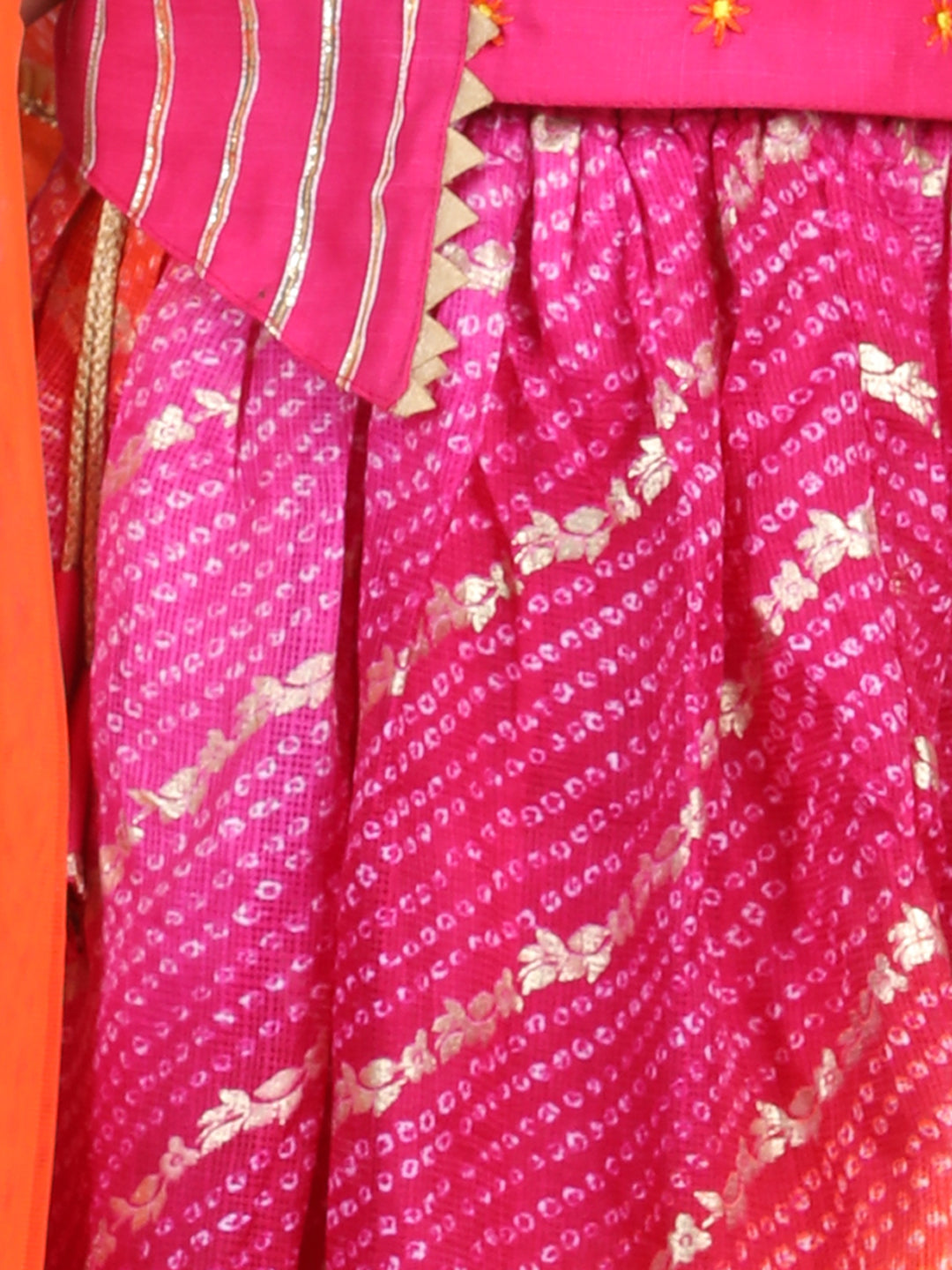 Flower Embroidery Choli & Bandhani Print Lehenga With Dupatta
