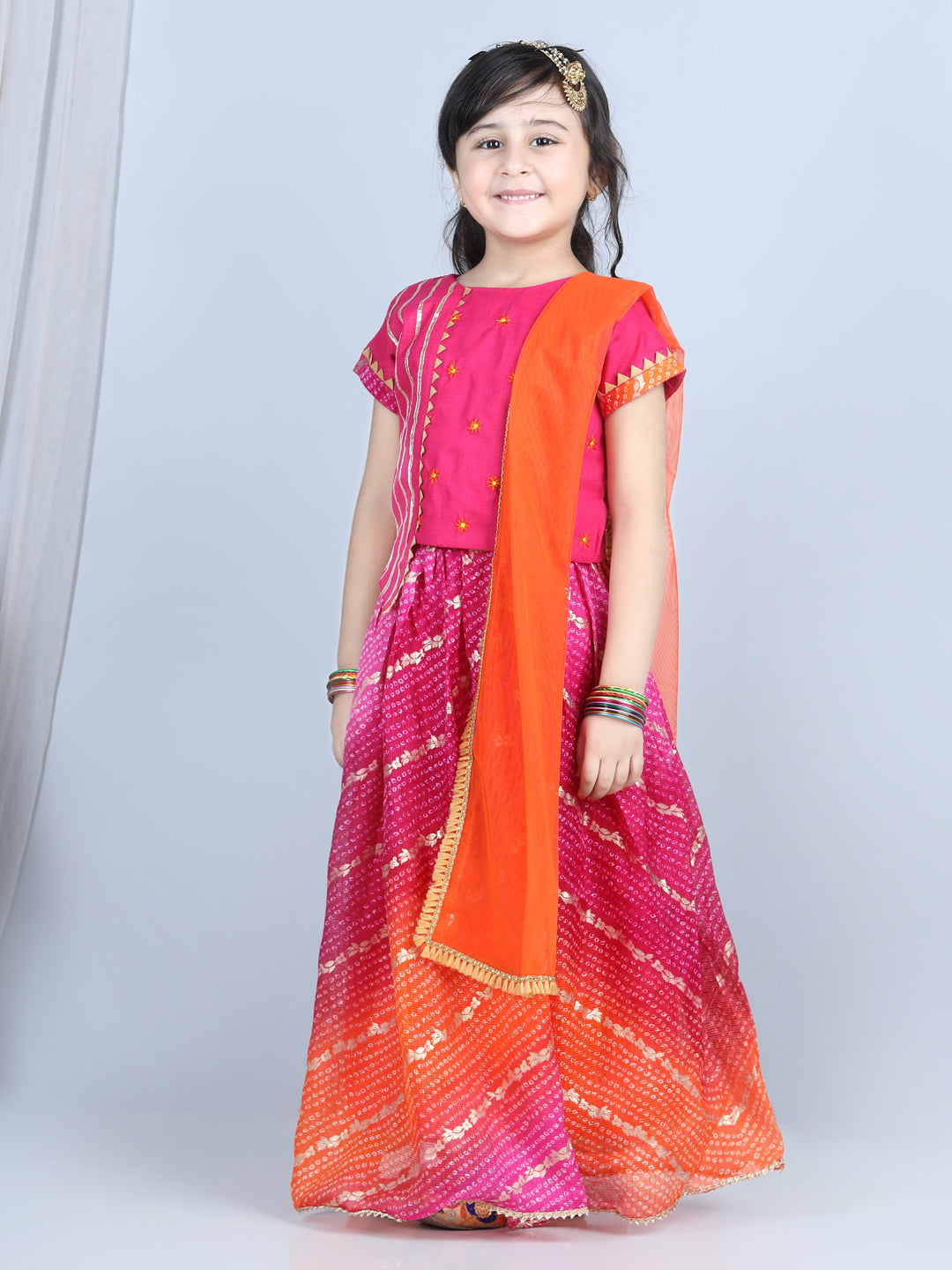 Flower Embroidery Choli & Bandhani Print Lehenga With Dupatta