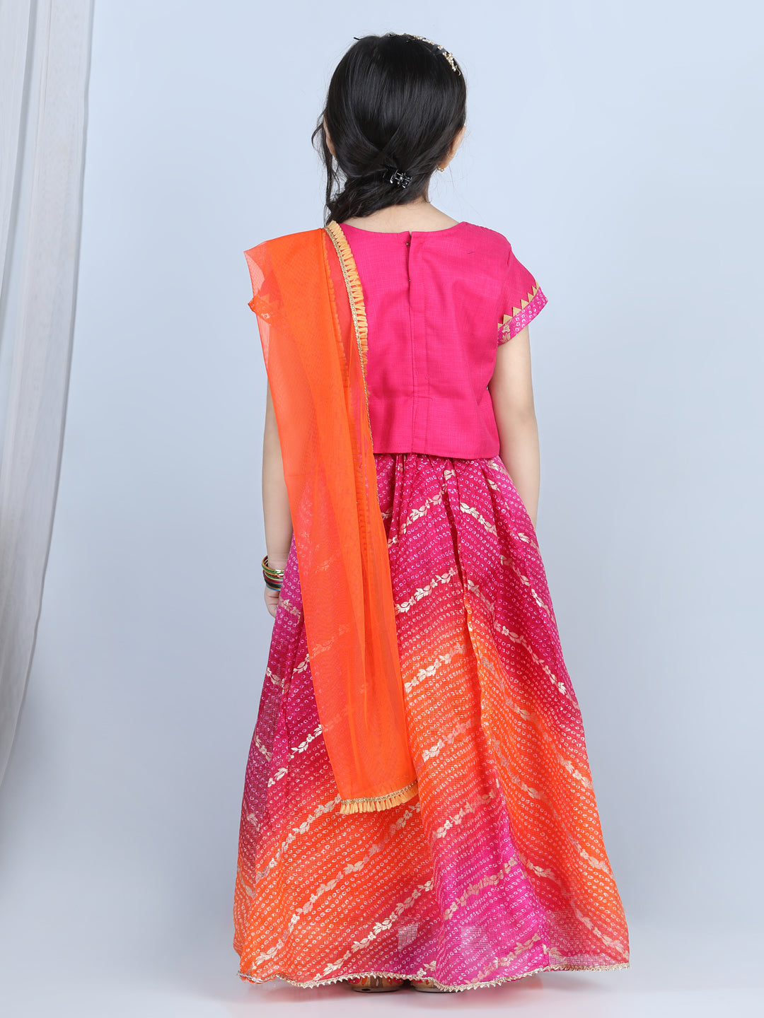 Flower Embroidery Choli & Bandhani Print Lehenga With Dupatta