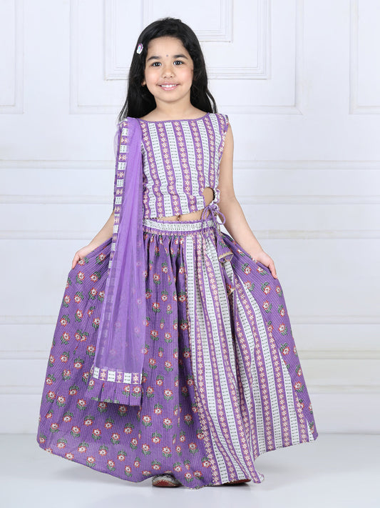 Purple Floral printed top with lehenga and dupatta