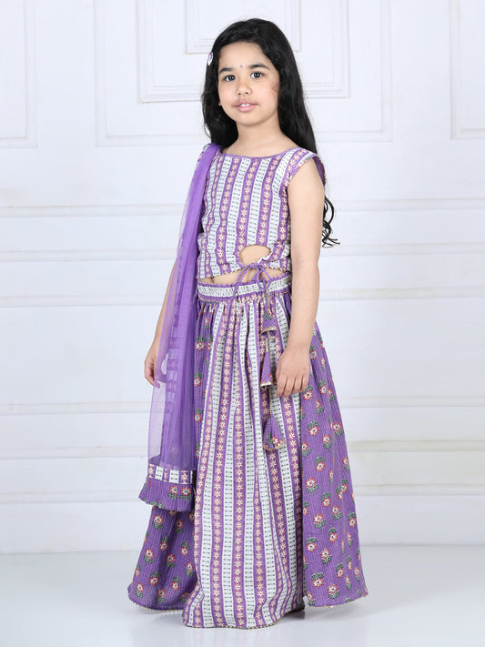 Purple Floral printed top with lehenga and dupatta