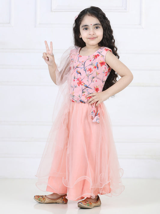 Peach Floral Sequins Top with Layered Net Lehenga and dupatta