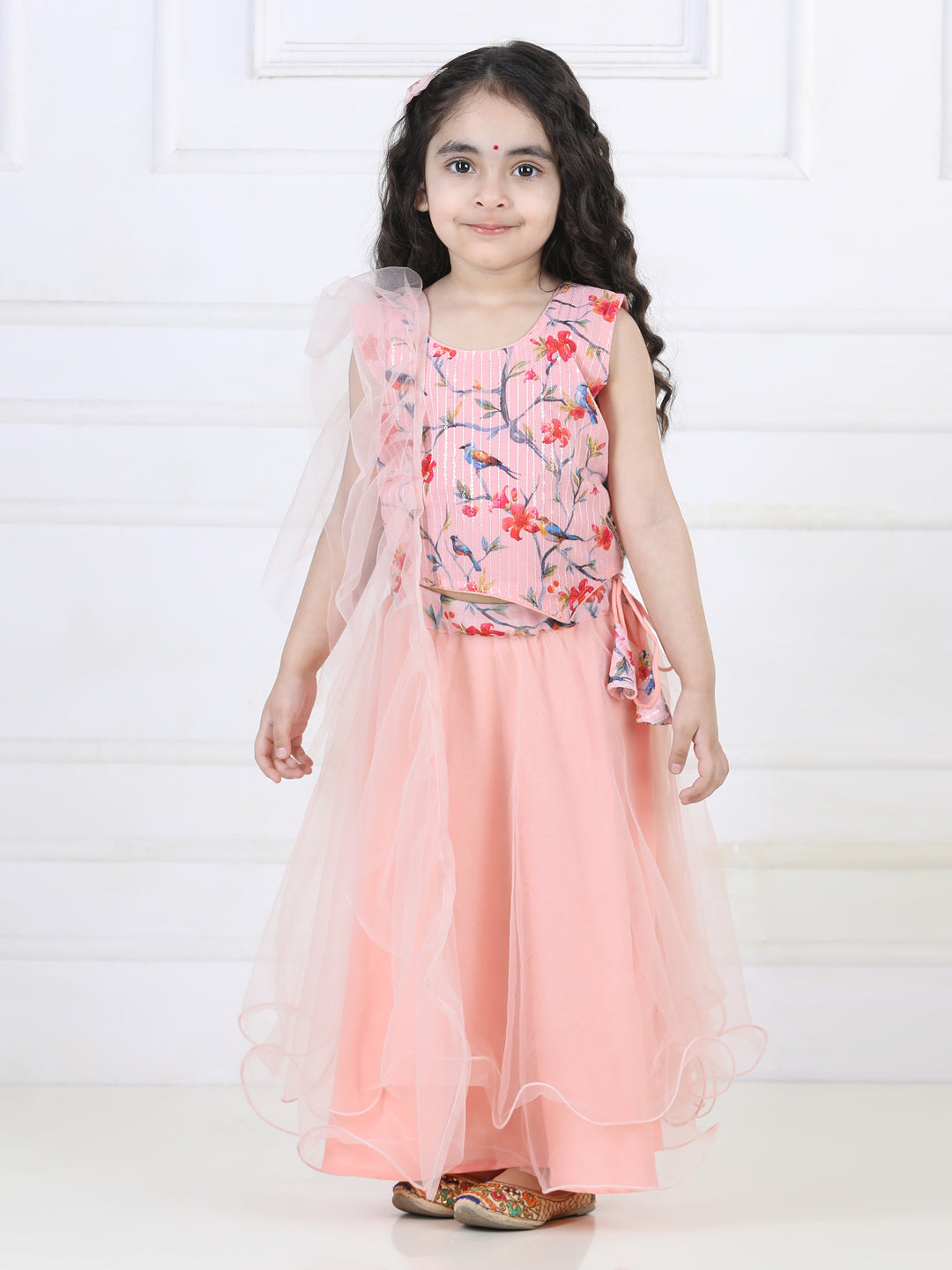 Peach Floral Sequins Top with Layered Net Lehenga and dupatta