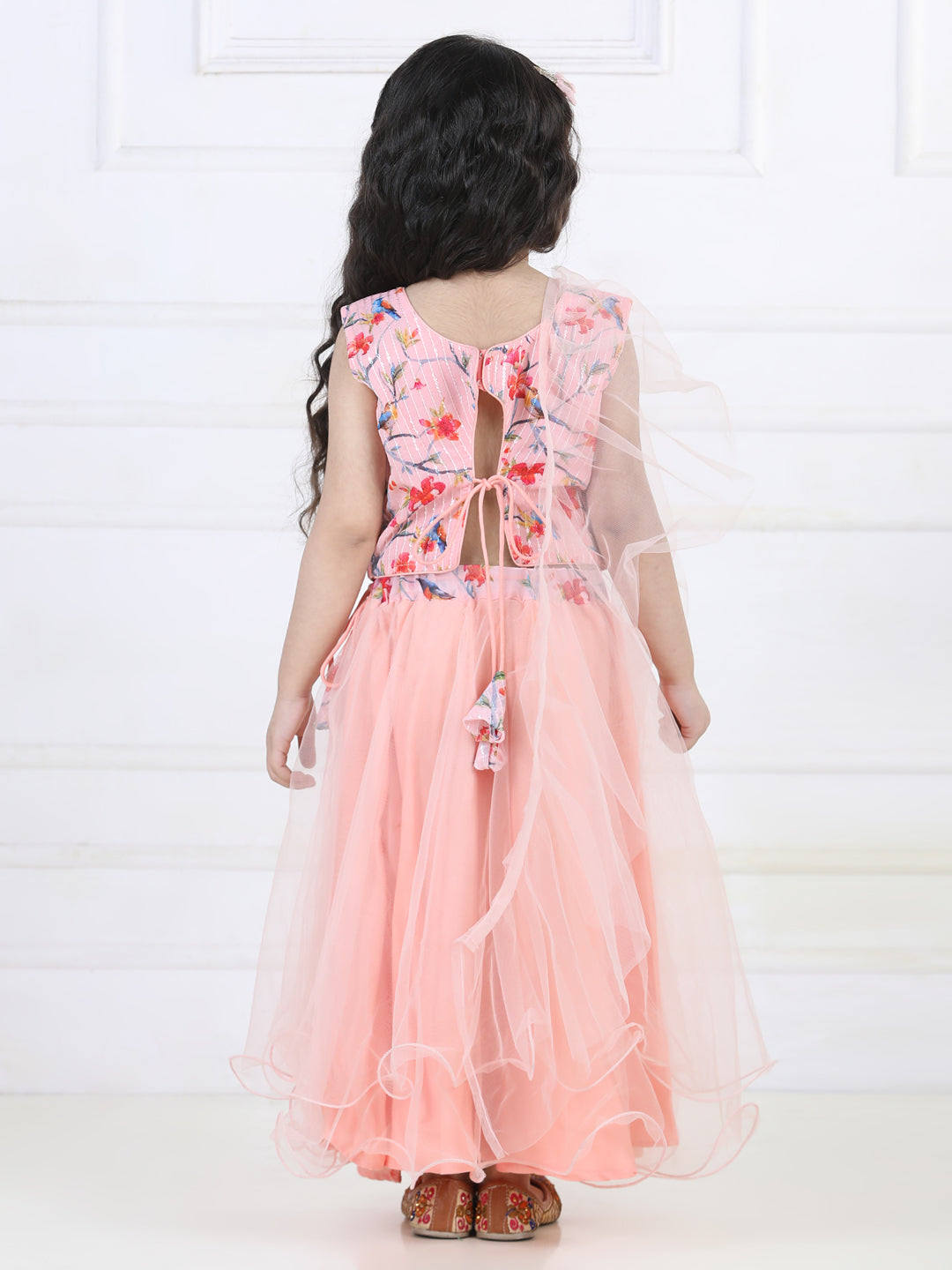 Peach Floral Sequins Top with Layered Net Lehenga and dupatta