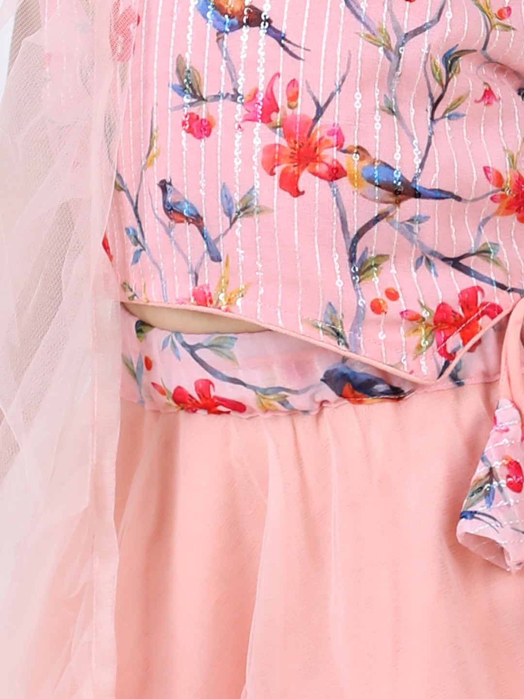 Peach Floral Sequins Top with Layered Net Lehenga and dupatta