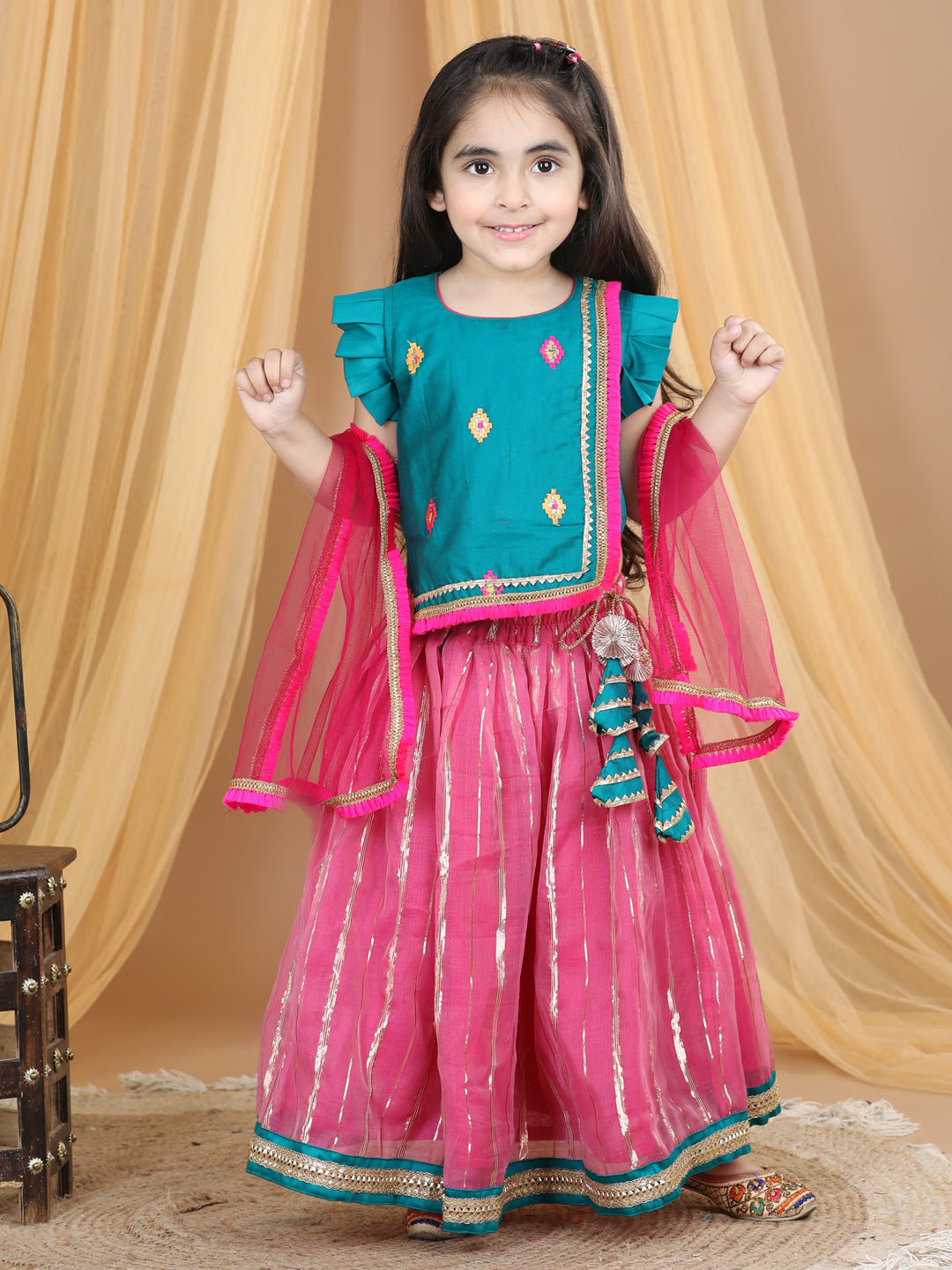 Green embroidered Top With Lurex Striped Lehenga and Dupatta