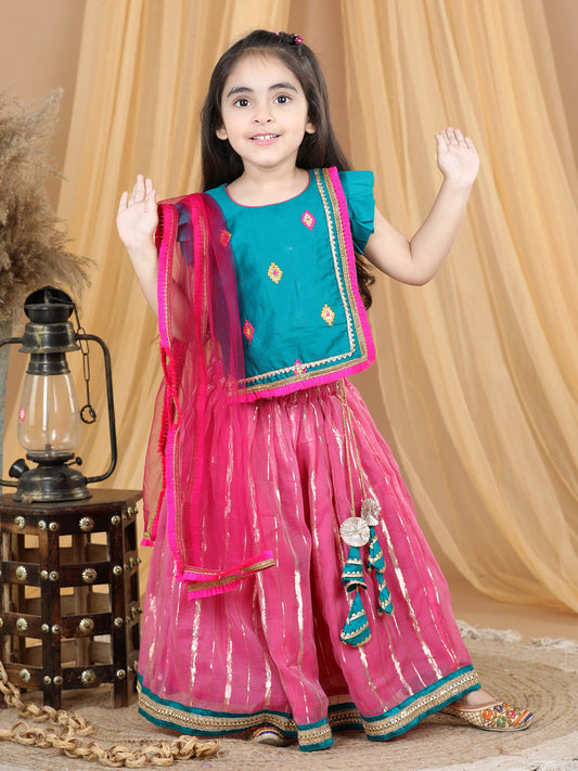 Green embroidered Top With Lurex Striped Lehenga and Dupatta