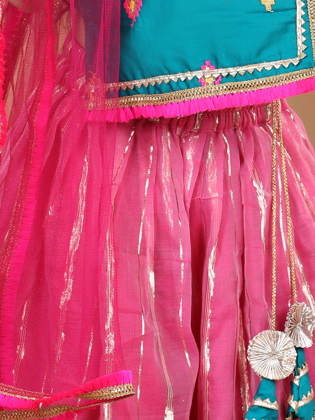 Green embroidered Top With Lurex Striped Lehenga and Dupatta
