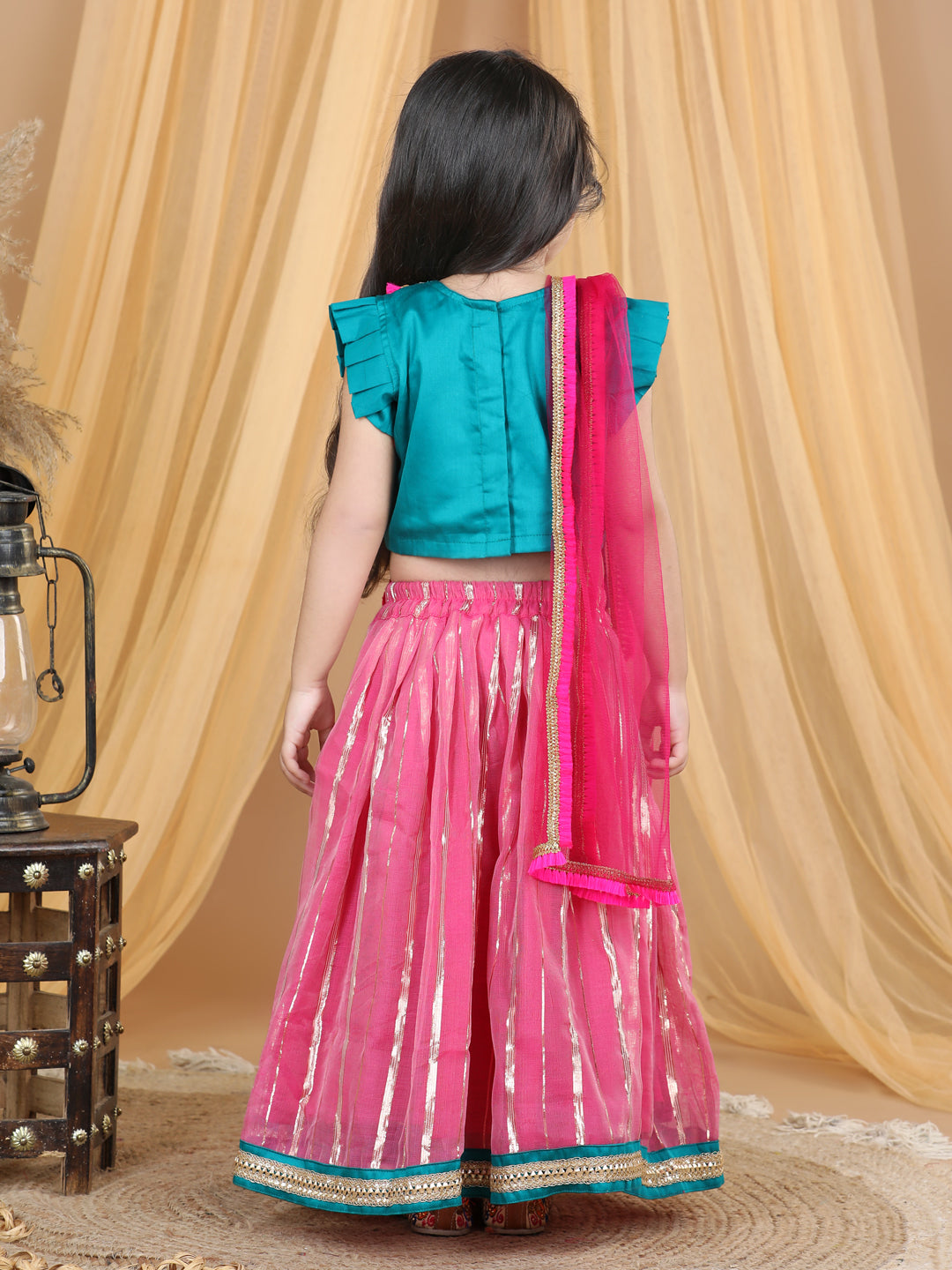 Green embroidered Top With Lurex Striped Lehenga and Dupatta