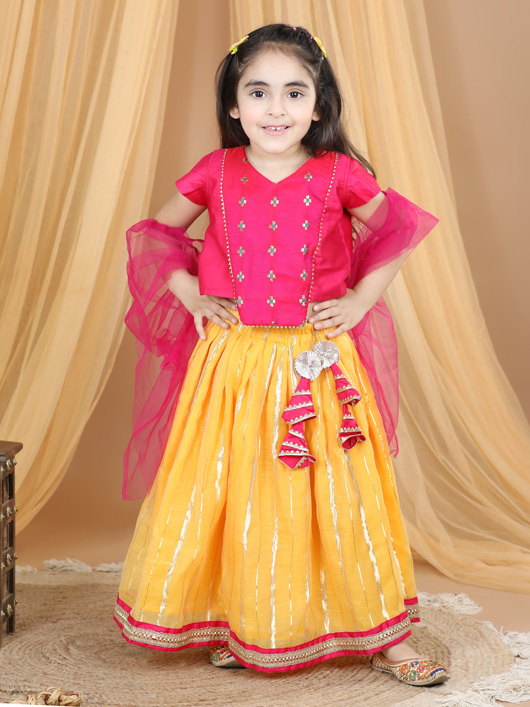Pink Embroidered Top With Lurex Striped Lehenga & Dupatta
