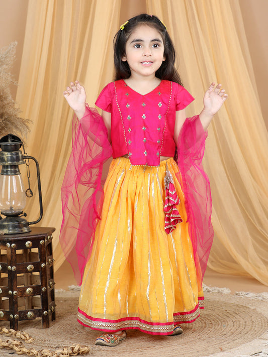 Pink Embroidered Top With Lurex Striped Lehenga & Dupatta